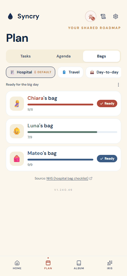 The bags in Syncry: each bag’s progress, shared by both parents.