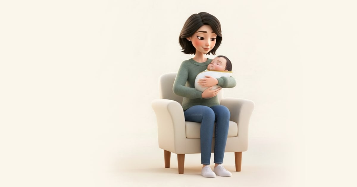 A mother in an armchair cradles her swaddled newborn against her chest.