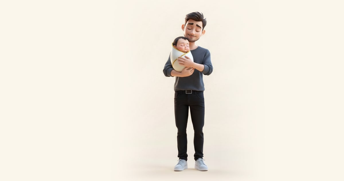 A father sways gently, holding his sleeping one-month-old baby against his chest.