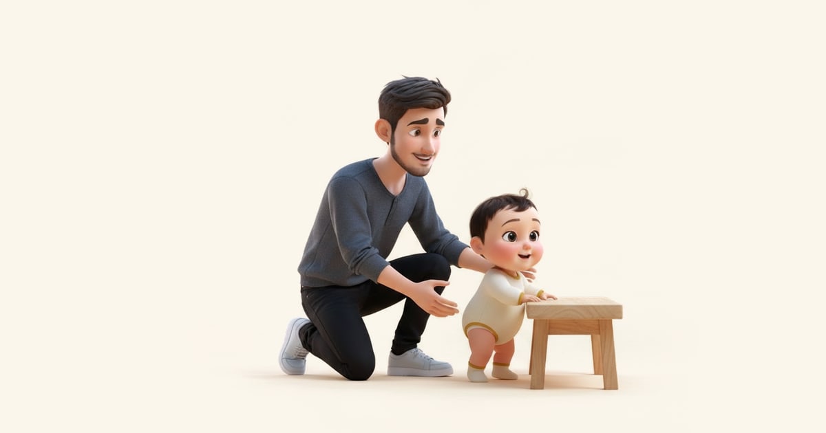 A baby cruises sideways along a low bench while her father kneels beside her.