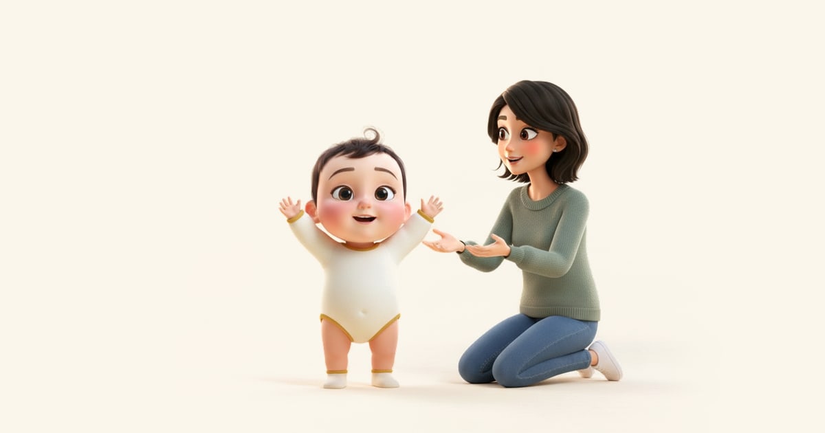 Ein Baby steht einen Moment allein, die Arme zum Ausbalancieren hoch, die Mutter kniet davor.