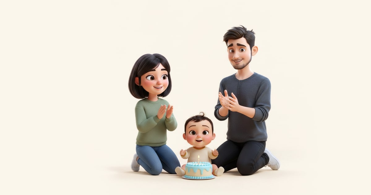A one-year-old sits in front of a small cake with one candle while her parents clap.