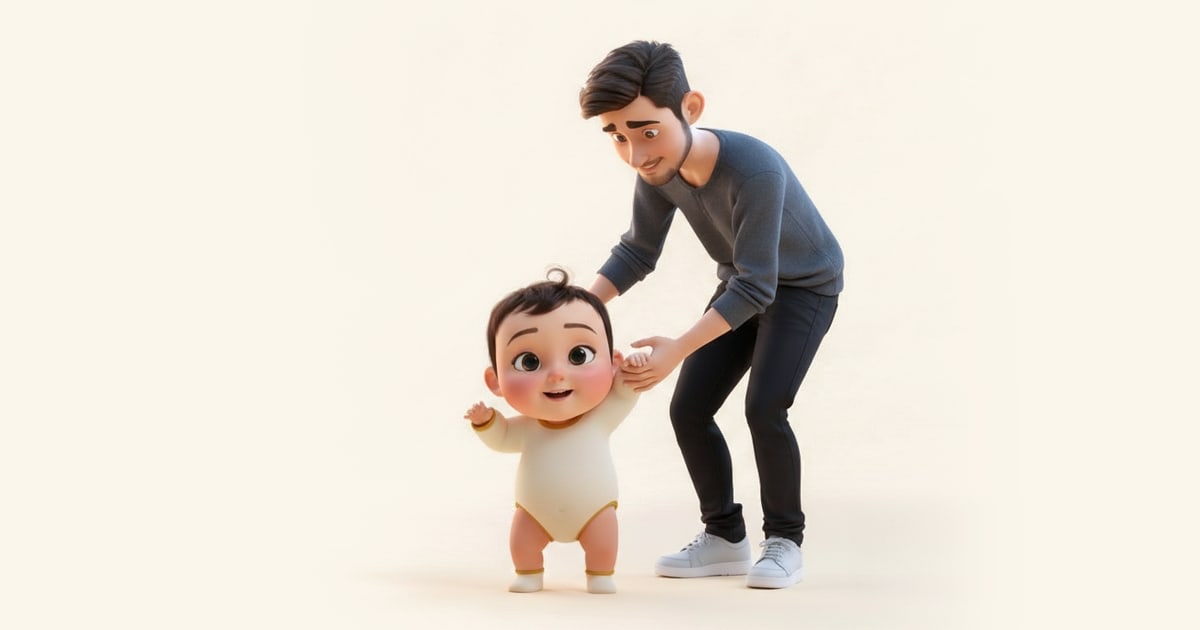 A father bends over his toddler, holding both her hands as she takes careful steps.