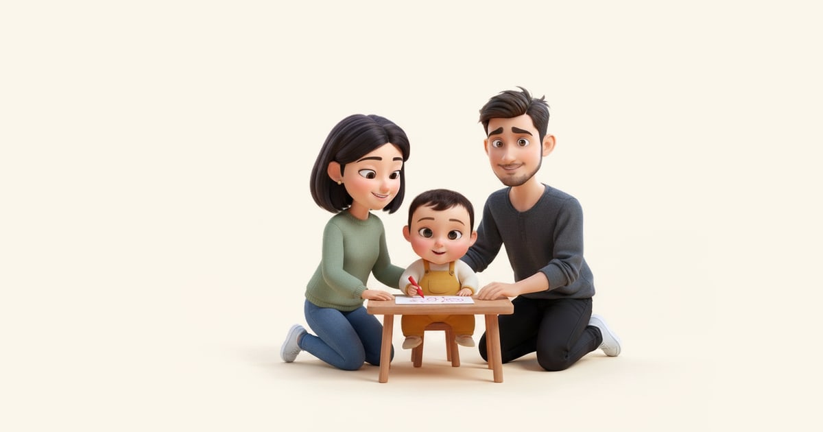 A toddler scribbles with a fat crayon at a tiny table while her parents kneel beside her.