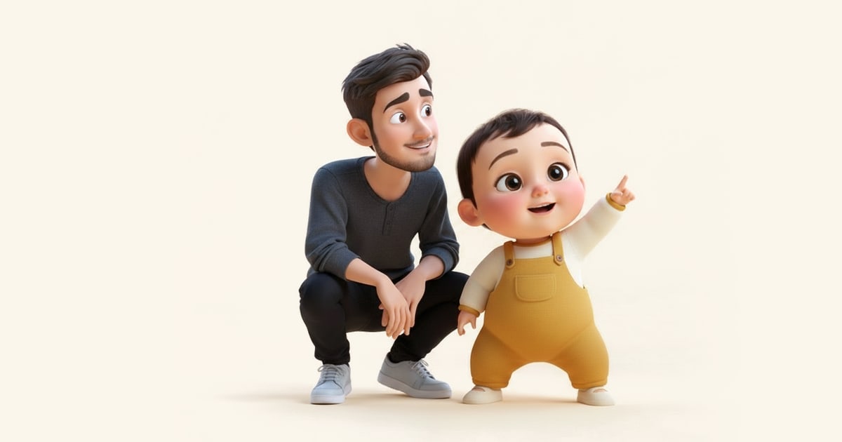 A toddler points up at something while her father crouches beside her and follows her finger.