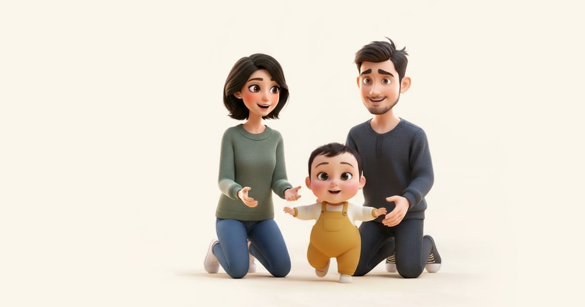 A toddler walks toward her parents, who kneel side by side with their hands open, all three laughing.