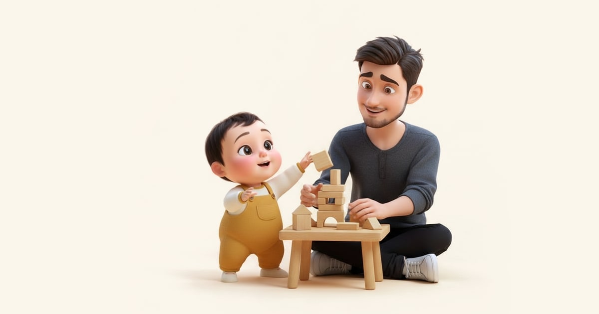 A father and his toddler stack wooden blocks into a small tower at a tiny table.