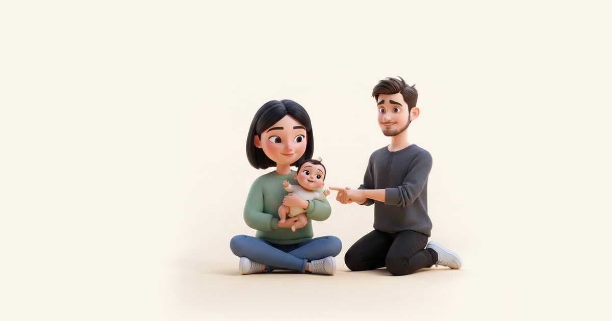A mother sits cross-legged holding her tiny two-month-old, while the father kneels beside them and the baby grips his finger.