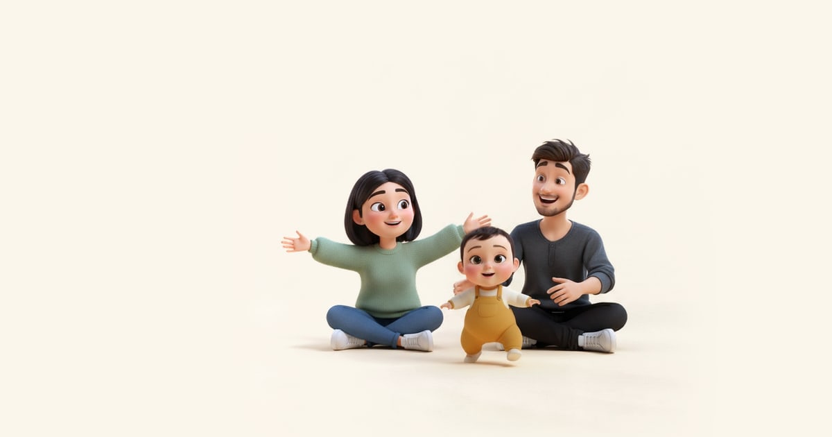 Two parents sit on the floor while their toddler runs with stiff little steps into her mother’s open arms.