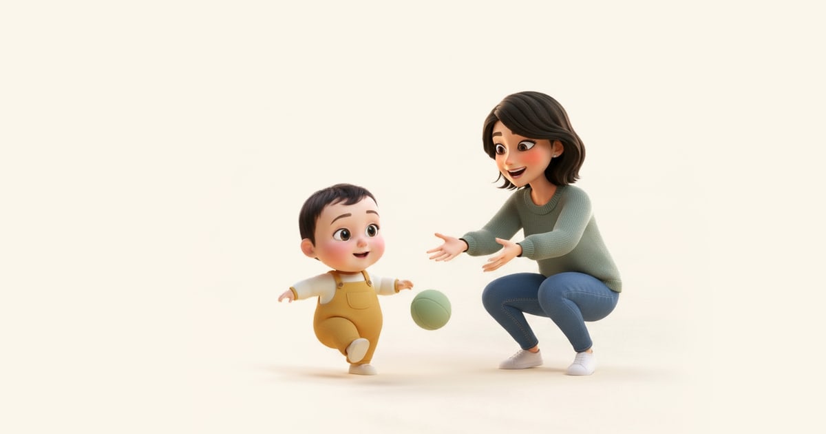 A toddler kicks a soft ball toward her mother, who crouches ready to catch it.