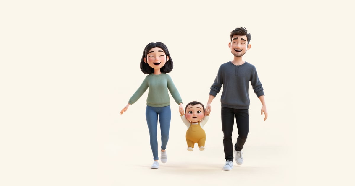 Two parents swing their toddler gently between them by the hands, all three laughing.