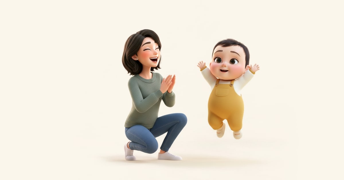 A two-year-old jumps with both feet off the ground while her mother laughs and claps.