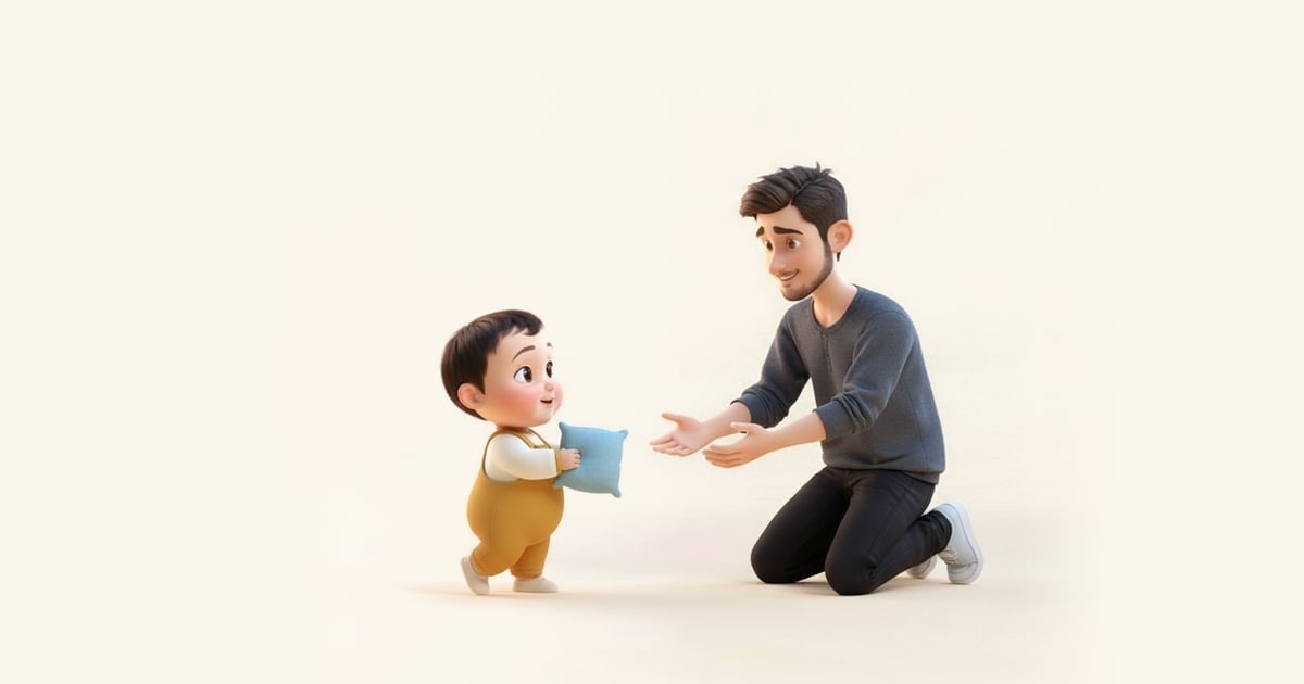 A toddler proudly carries a cushion to her father, who kneels with his hands held out to take it.
