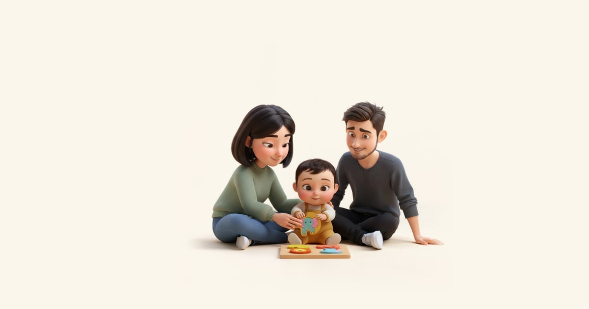 Eine Familie sitzt am Boden um ein dickes Holzpuzzle, das Kleinkind drückt ein Teil hinein.