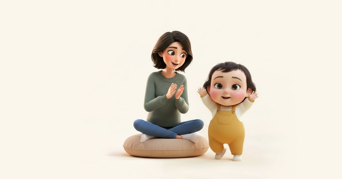 A toddler dances with her arms in the air while her mother claps along.