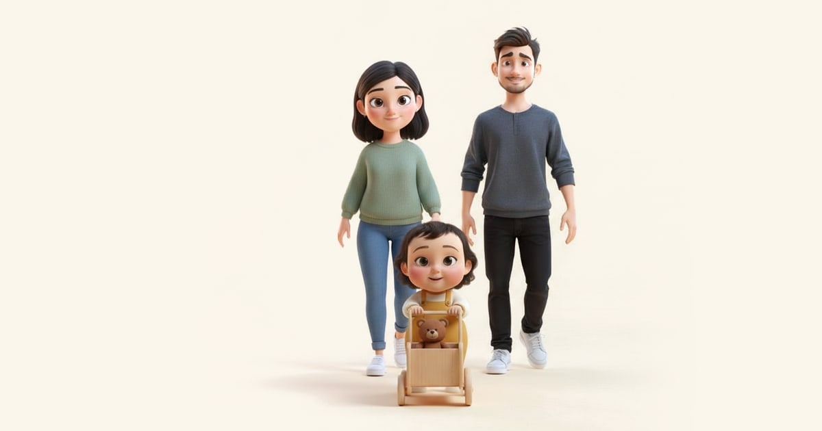 A toddler pushes a toy pram with a teddy in it while her parents walk behind her.