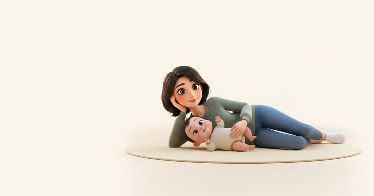A mother lies on her side on a play mat with her three-month-old lying on her back in front of her, hands raised.