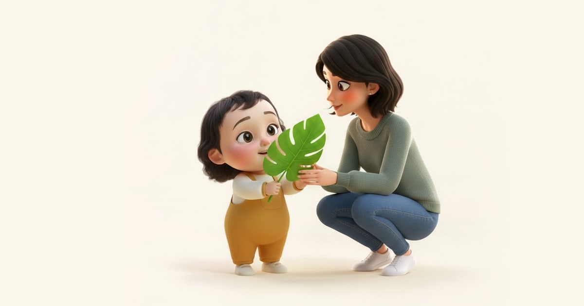 A little girl holds up a big green leaf to show her mother, who crouches beside her.