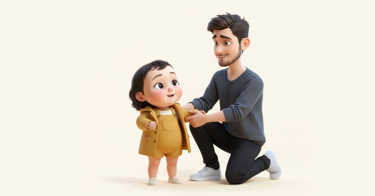 A father helps his little girl into her coat, holding a sleeve open while she pushes her arm in.