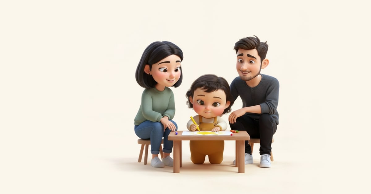A little girl draws a big round sun at a tiny table while her parents admire it.