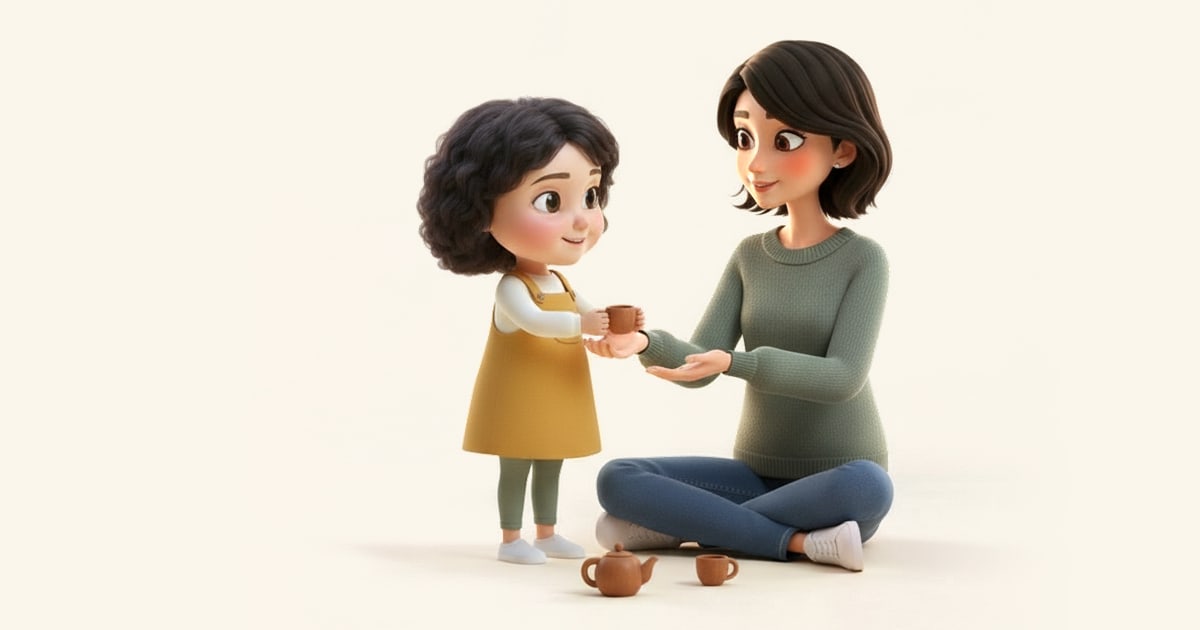 A little girl offers her mother a pretend cup of tea from a toy tea set.