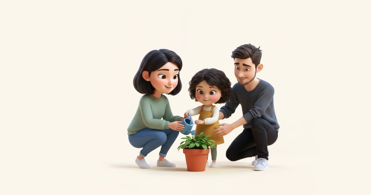 A little girl waters a potted plant with a small watering can while her parents watch.