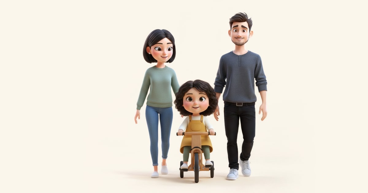 A three-year-old pedals a small wooden tricycle while her parents walk either side of her.