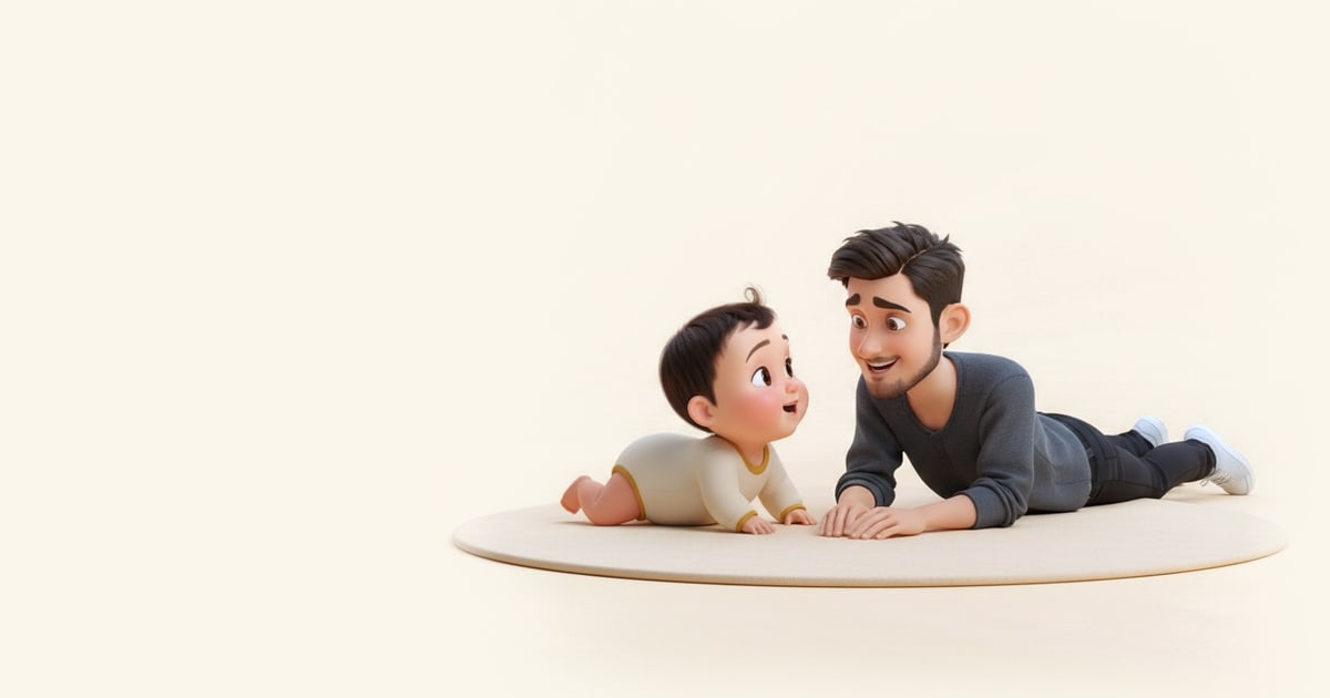 A father lies on his front face to face with his baby, who lifts her head on her forearms during tummy time.