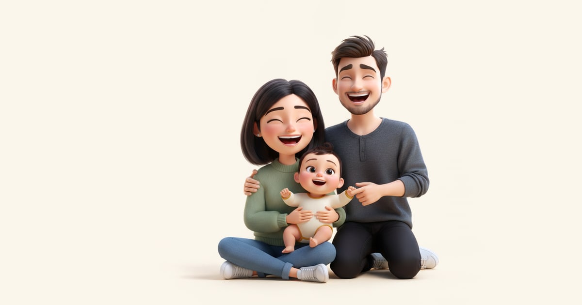 A baby sits on her mother’s lap and grabs her father’s finger, all three laughing.