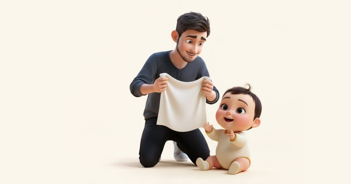A father plays peekaboo from behind a muslin cloth while his baby sits on her own, giggling.