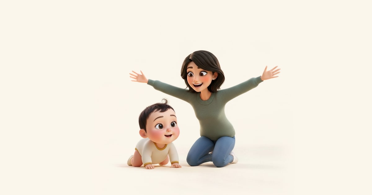 A baby crawls toward her mother, who kneels with her arms open.