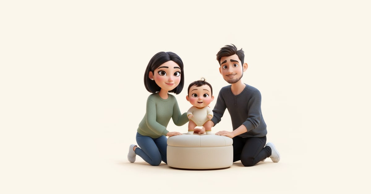 A baby pulls herself up to stand at a low ottoman while her parents watch proudly.