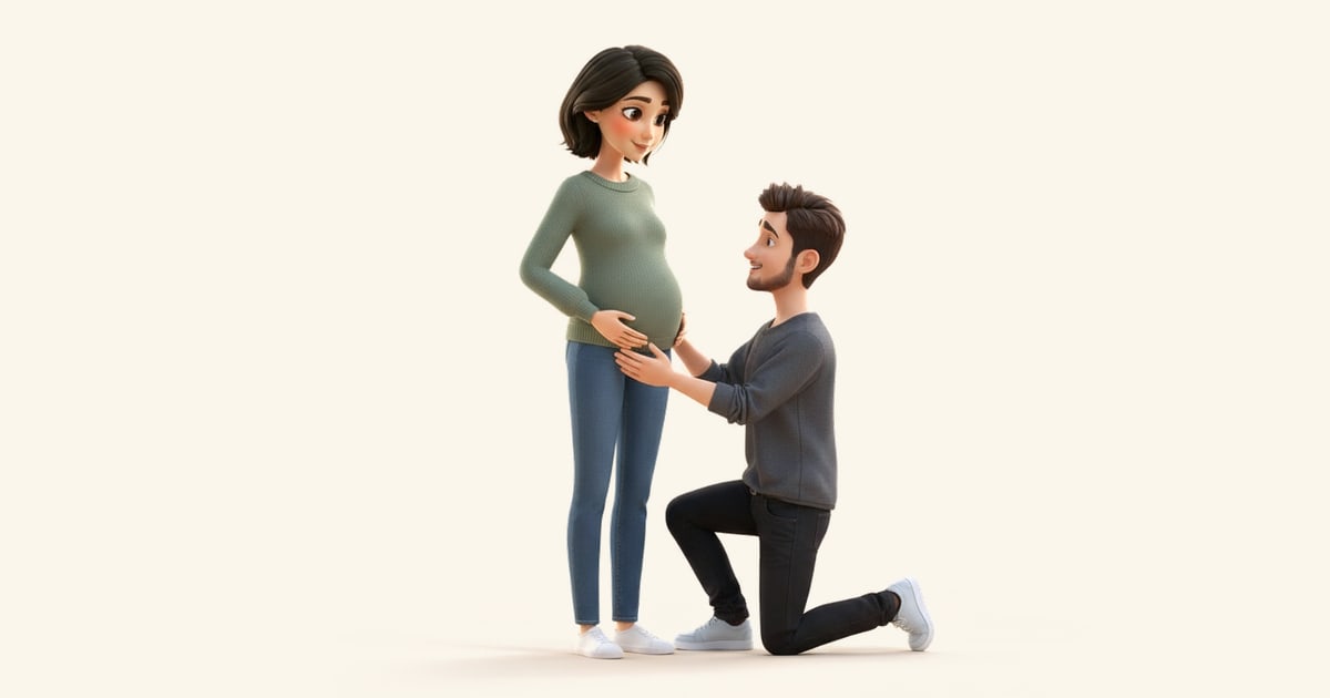 Um homem ajoelhado fala baixinho para a barriga pequena da companheira, que lhe sorri.