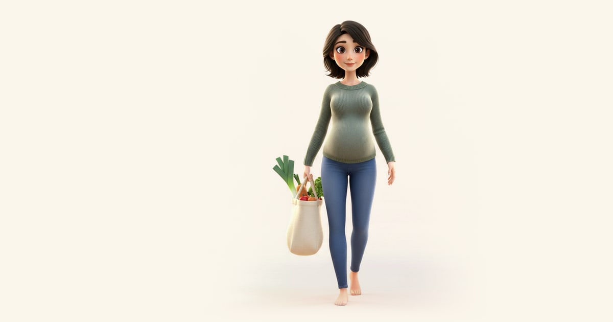 Uma grávida caminha bem-disposta com um saco de pano cheio de legumes.