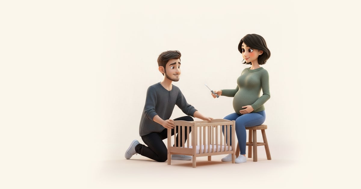 Un hombre monta una cuna de madera mientras su pareja embarazada, sentada a su lado, le pasa un destornillador.