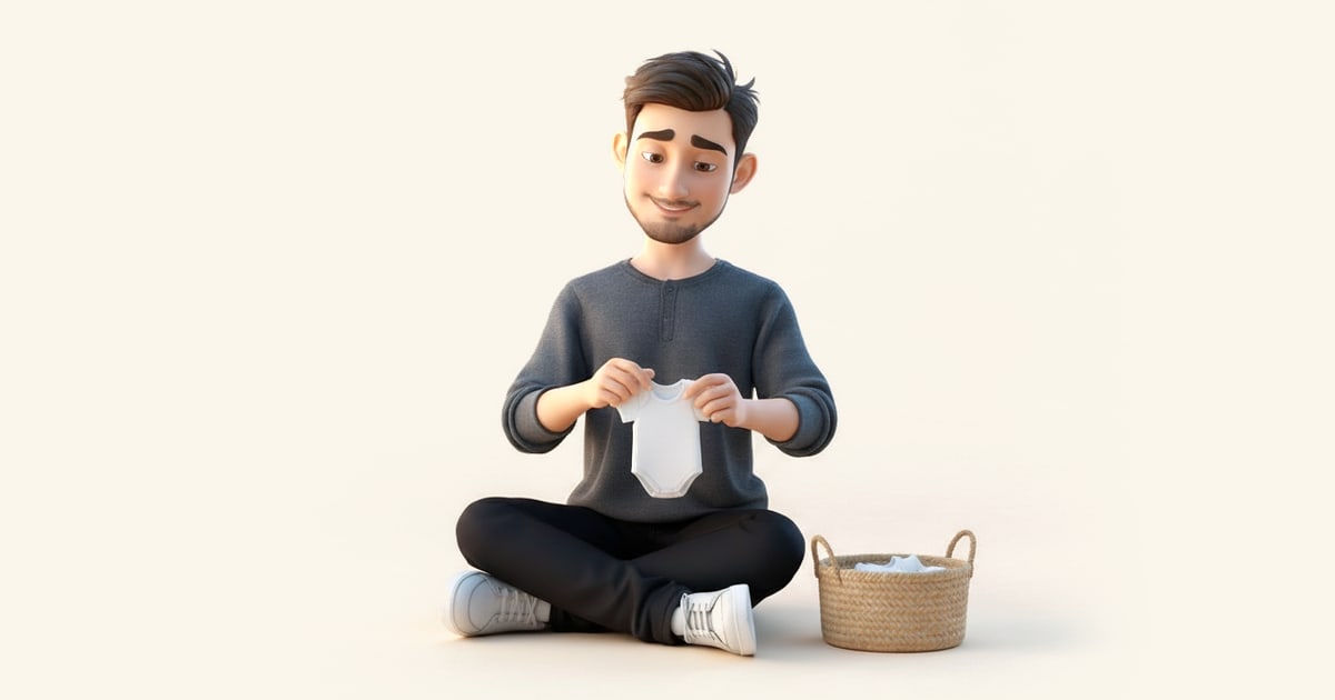 Ein Mann sitzt am Boden, faltet winzige Babykleidung in einen Korb und grinst über ein kleines Body.