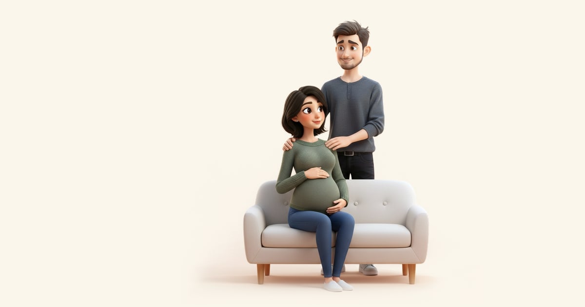 Eine Schwangere sitzt auf dem Sofa, während ihr Partner ihr von hinten die Schultern massiert.
