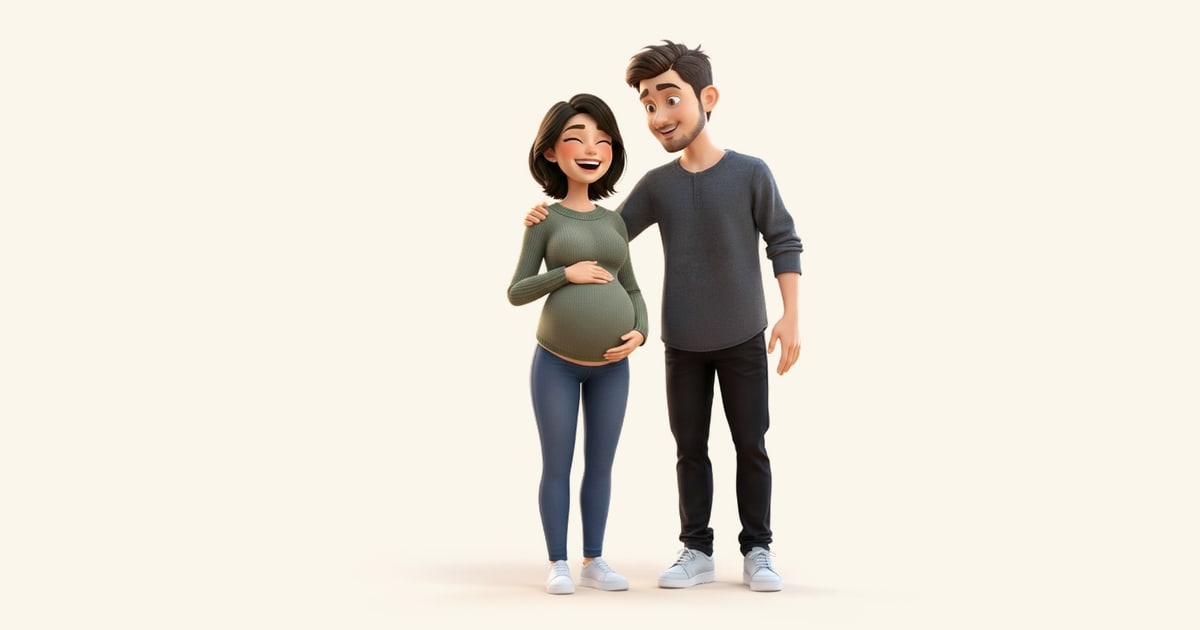 Una embarazada se ríe con una mano en la barriga mientras su pareja se acerca, encantado.