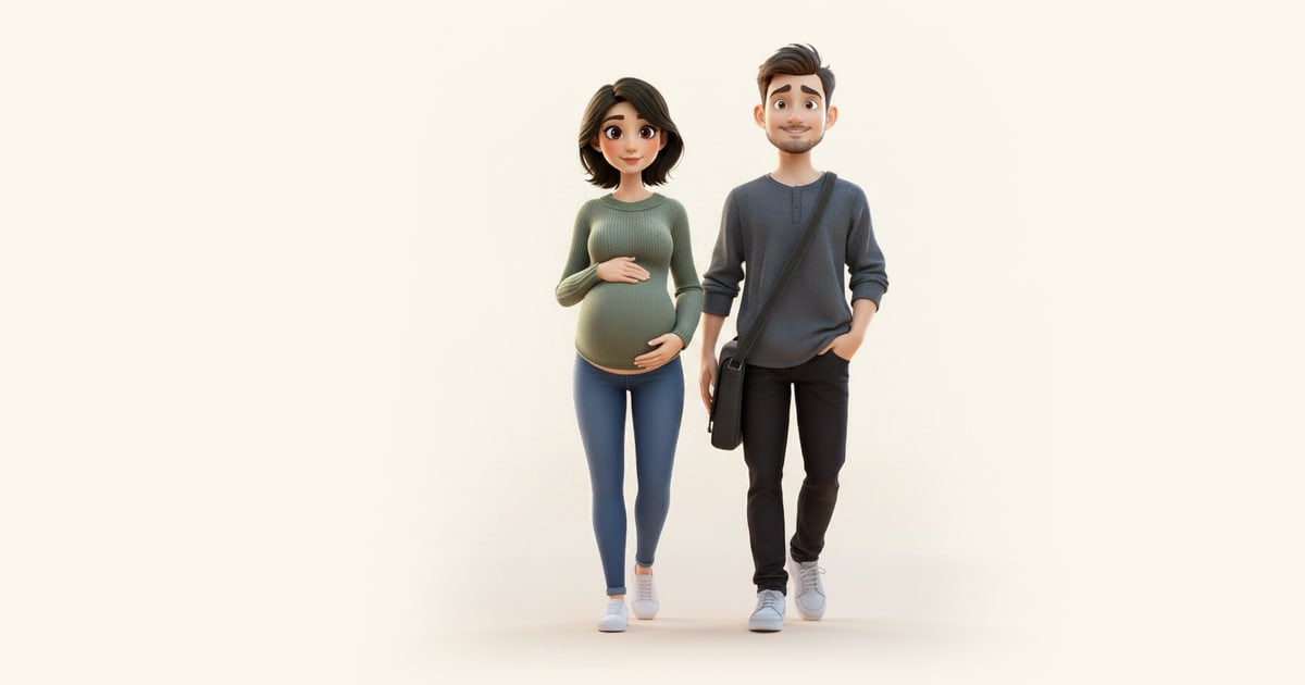 Una pareja pasea despacio al atardecer, él lleva el bolso de ella y ella apoya una mano en la barriga.