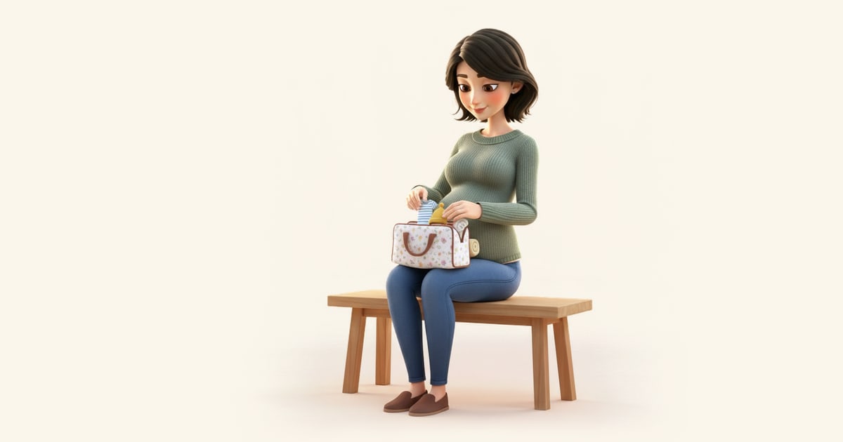 Eine Schwangere packt eine kleine Tasche mit gefalteter Babykleidung und einer kleinen Decke.