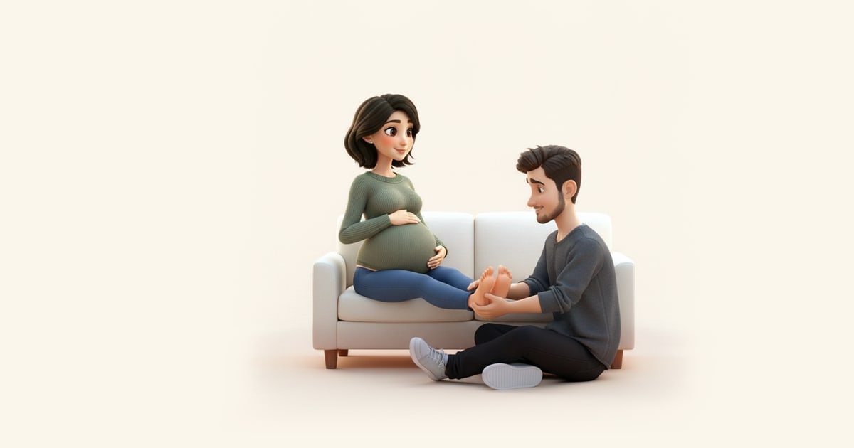 Eine Schwangere legt die Füße auf dem Sofa in den Schoß ihres Partners, der sie massiert.