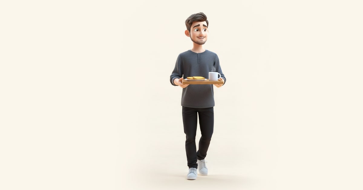 Un homme porte avec soin un plateau avec des toasts et une tasse de thé pour le petit déjeuner.